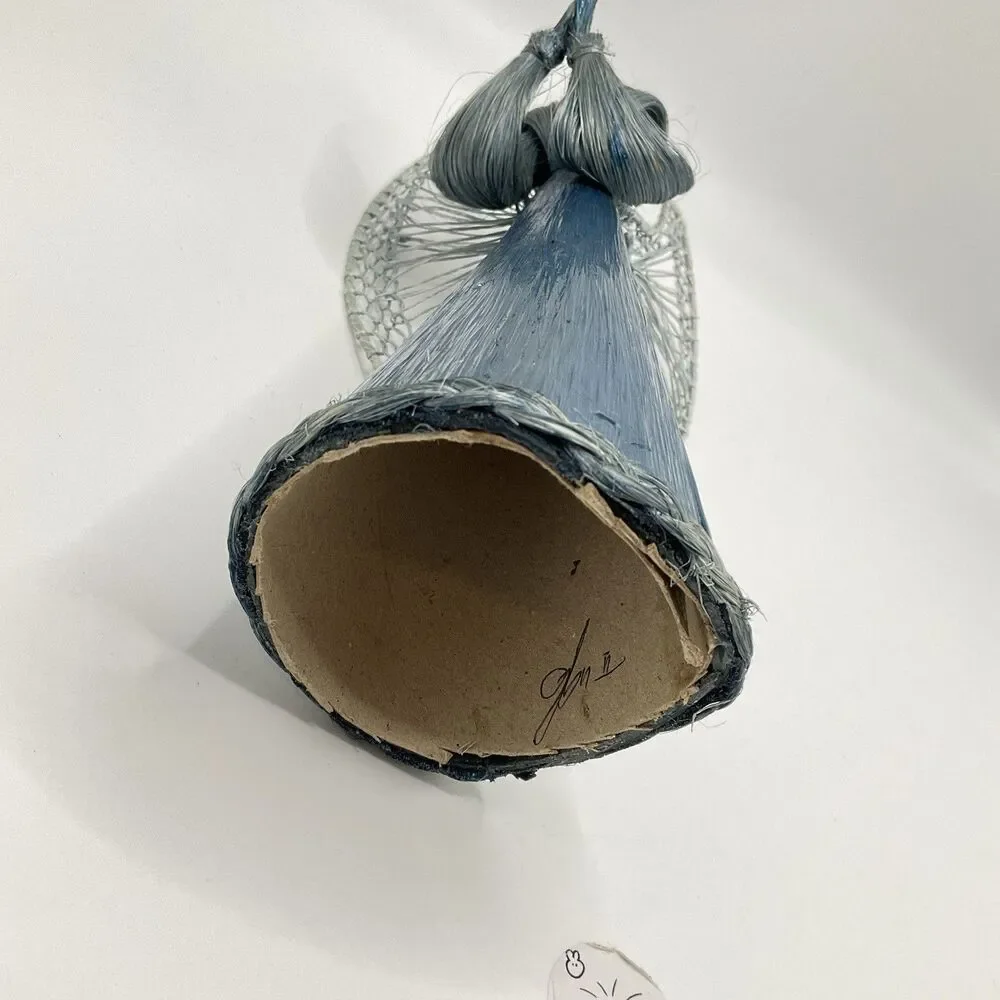 Vintage Handmade Blue Abaca Fiber Angel Christmas Tree Topper Signed 10